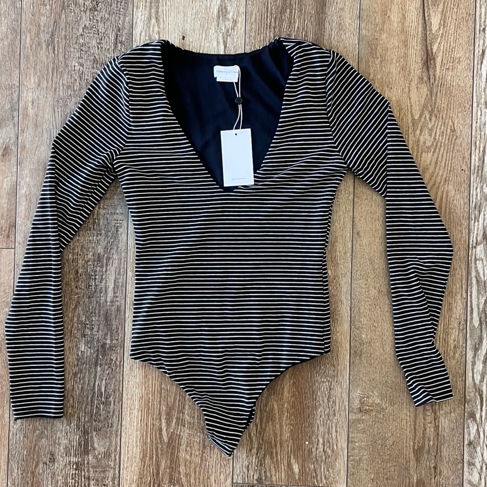 Lovers + Friends Black & White Striped Long-Sleeve V-Neck Bodysuit